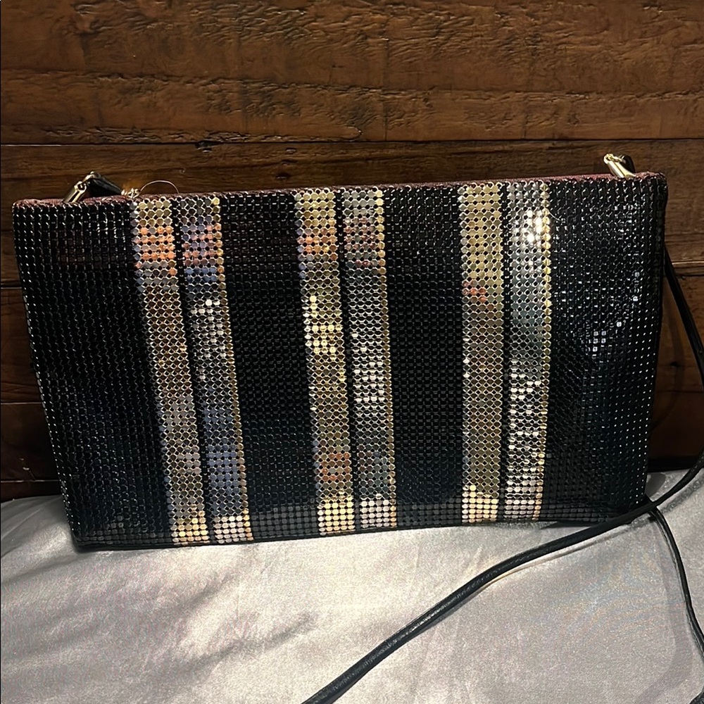 Whiting & Davis Black and Gold Metallic Stripes Crossbody or clutch Bag